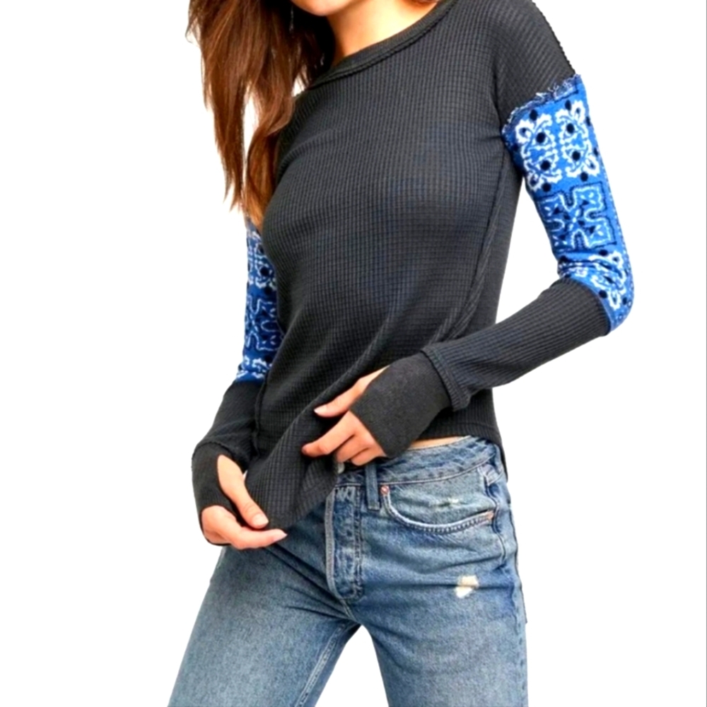 We the Free Nikki Layering Top Thermal Nautical Blue Combo Women's Size Large